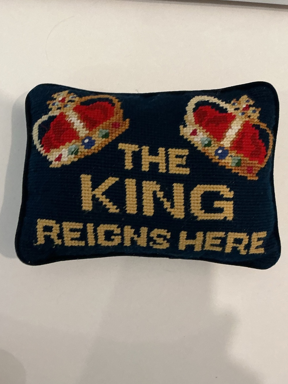 THE KING REIGNS HERE Navy Blue Needlepoint Pillow